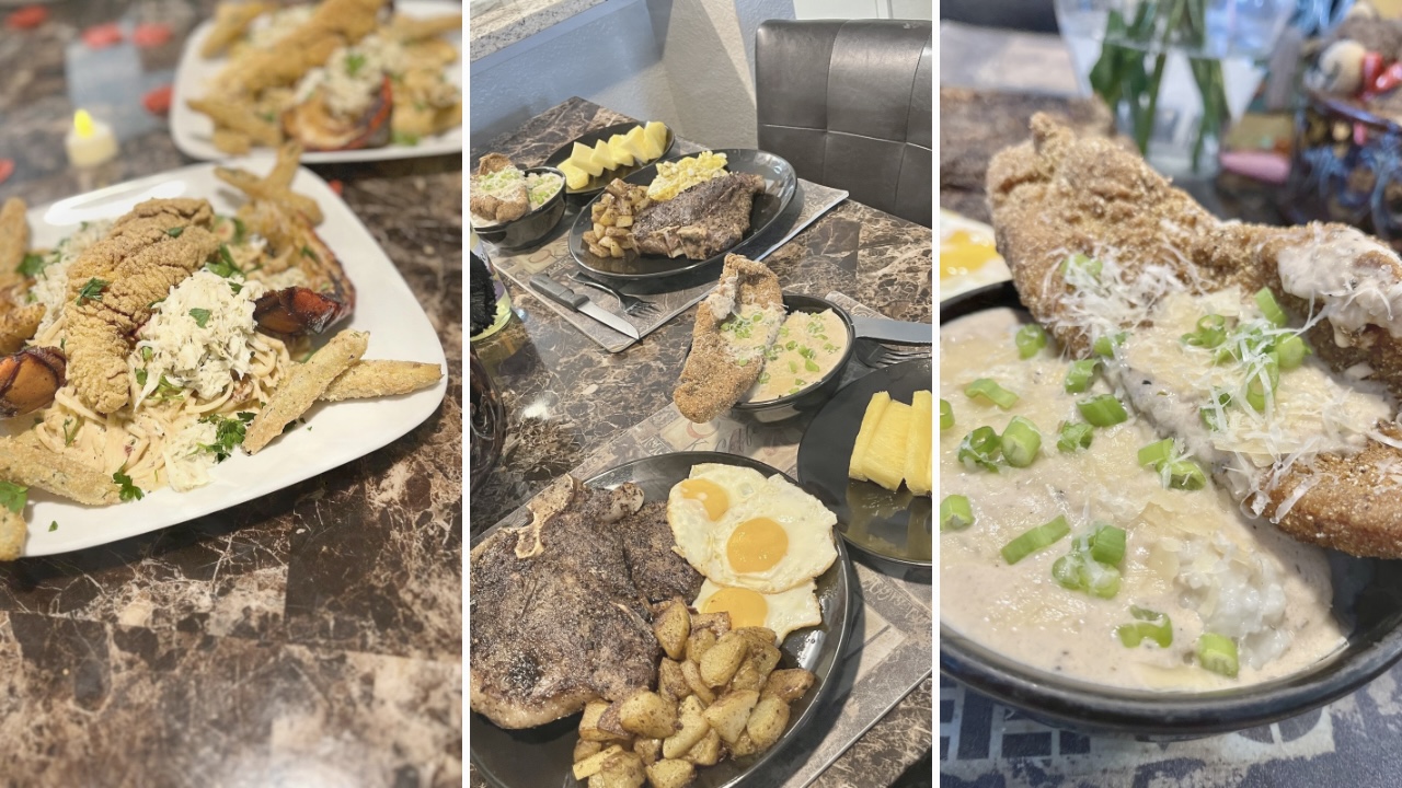 Three images of food: fried chicken with fries, breakfast with eggs and toast, fish in sauce with green onions.