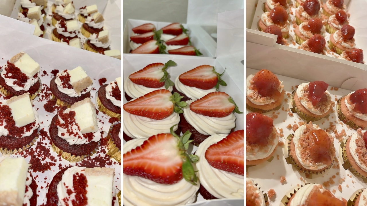 Three types of desserts: layered cake slices, strawberry-topped cream desserts, and small fruit-topped pastries, arranged side by side.