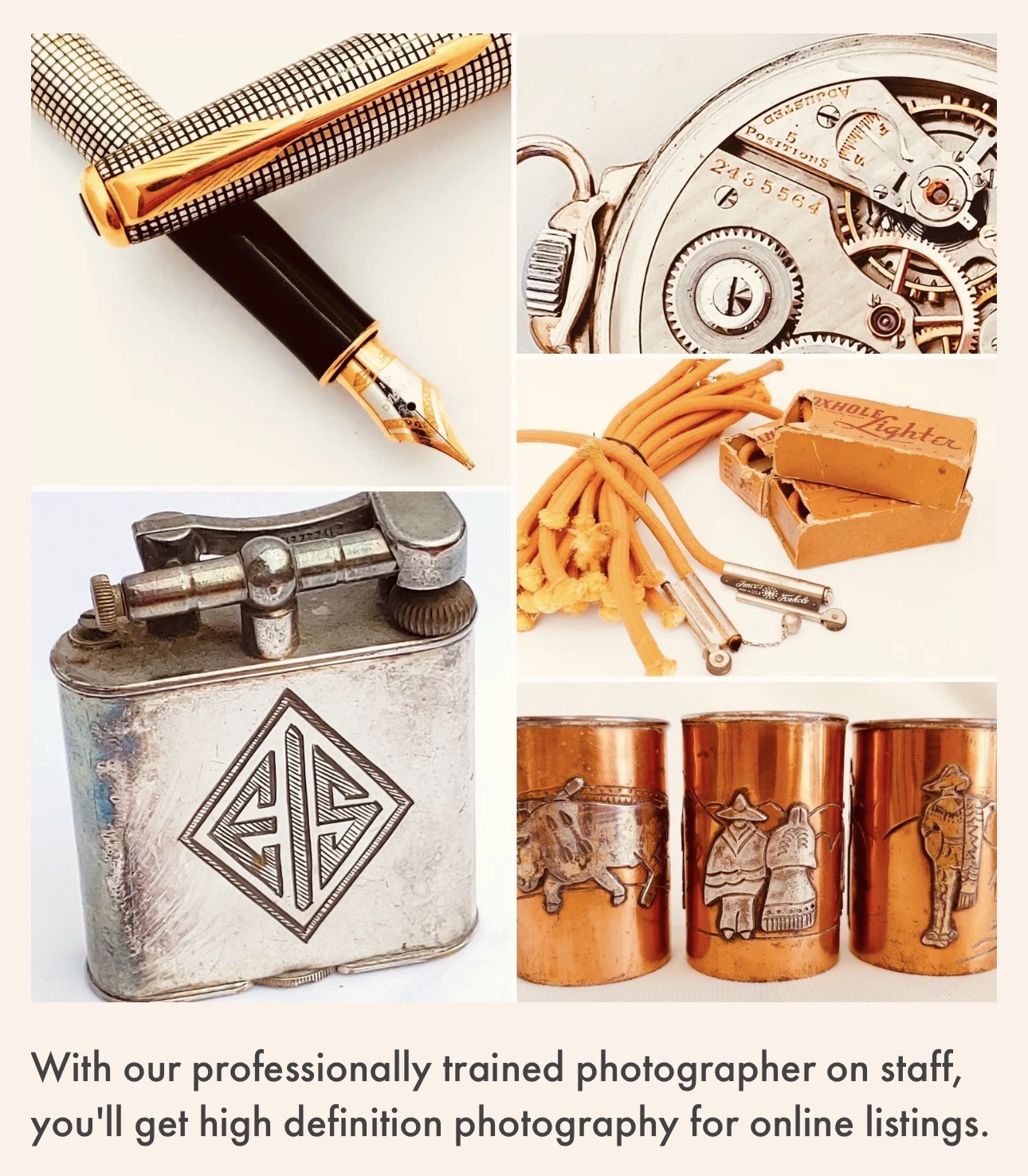 Collection of vintage items including a fountain pen, watch mechanism, lighters, and metal containers, with a caption about professional photography services.