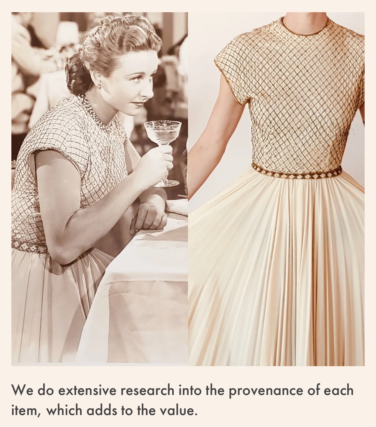 Split image of a woman holding a drink and a close-up of a pleated skirt with a patterned top, both in vintage style.