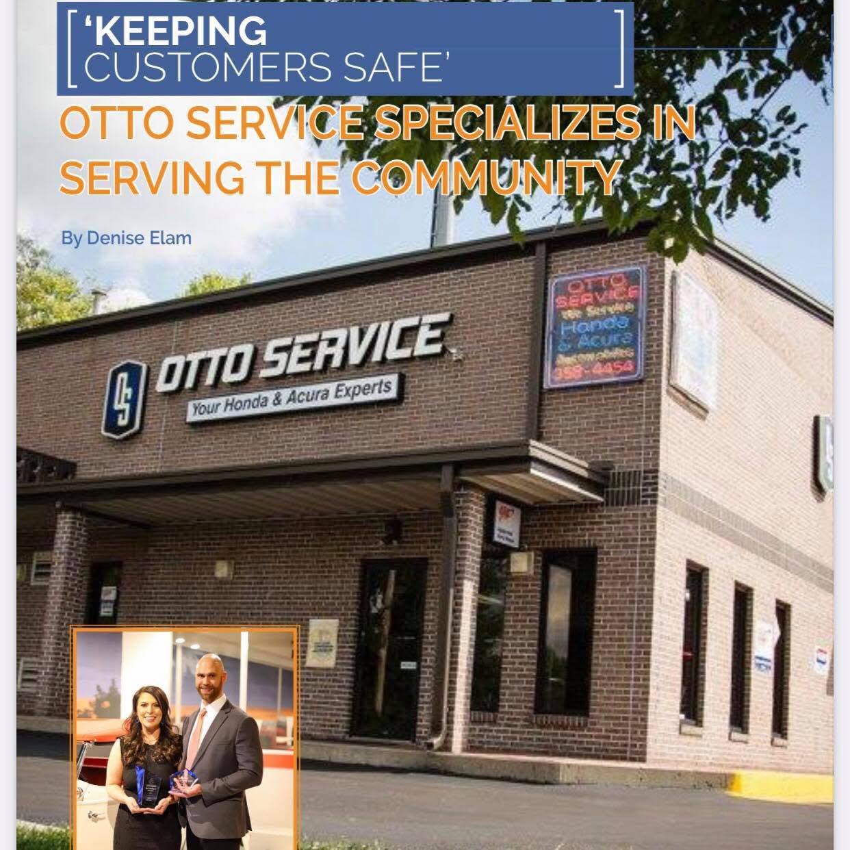 Exterior of Otto Service building with sign, and a photo of two people standing together inside. Tree branches partially visible at top.