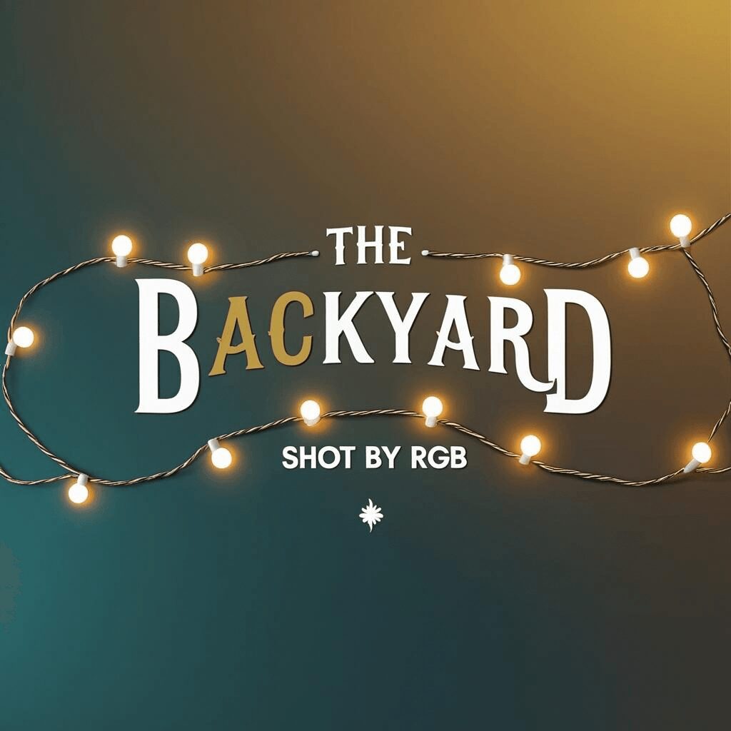 Text reads 'The Backyard Shot by RGB' with string lights against a gradient background.