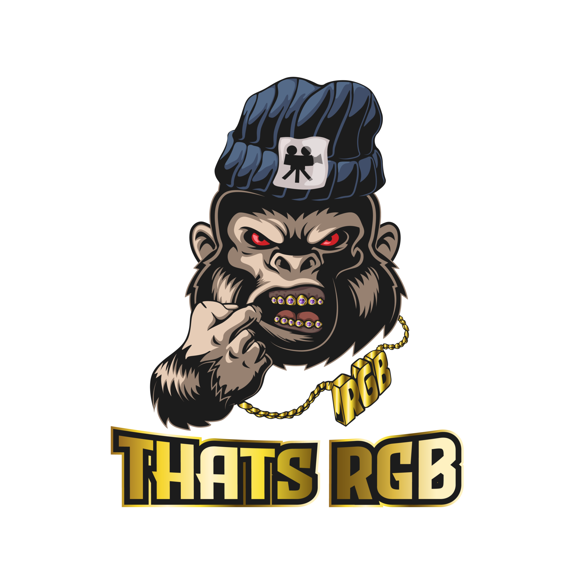 A gorilla with a blue hairstyle, red eyes, gold teeth, wearing a gold chain and a white hat with a black symbol, holding a finger to its mouth, with text 