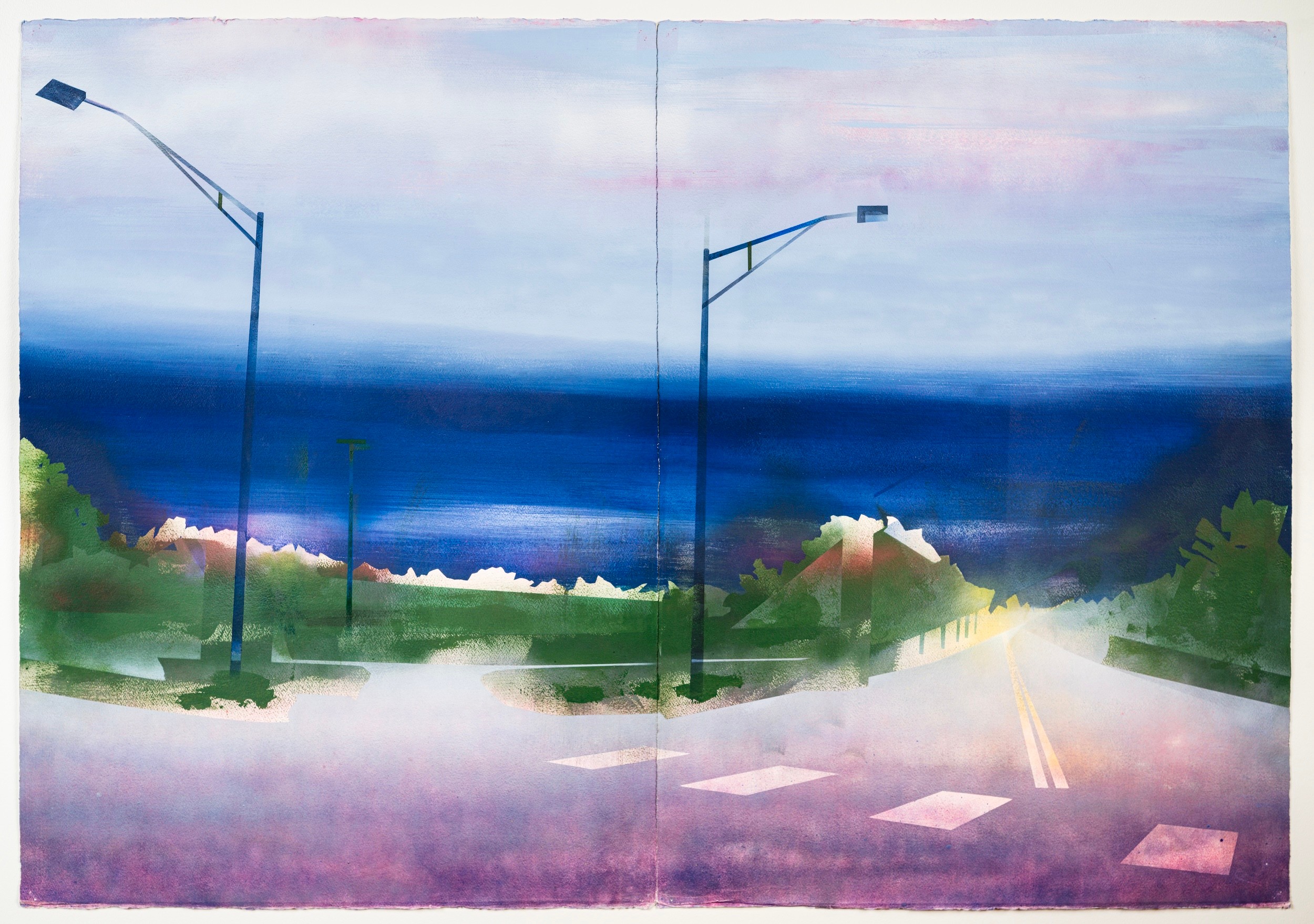 Painting of a road with streetlights, green trees, and a blue sky with clouds, divided into two panels.