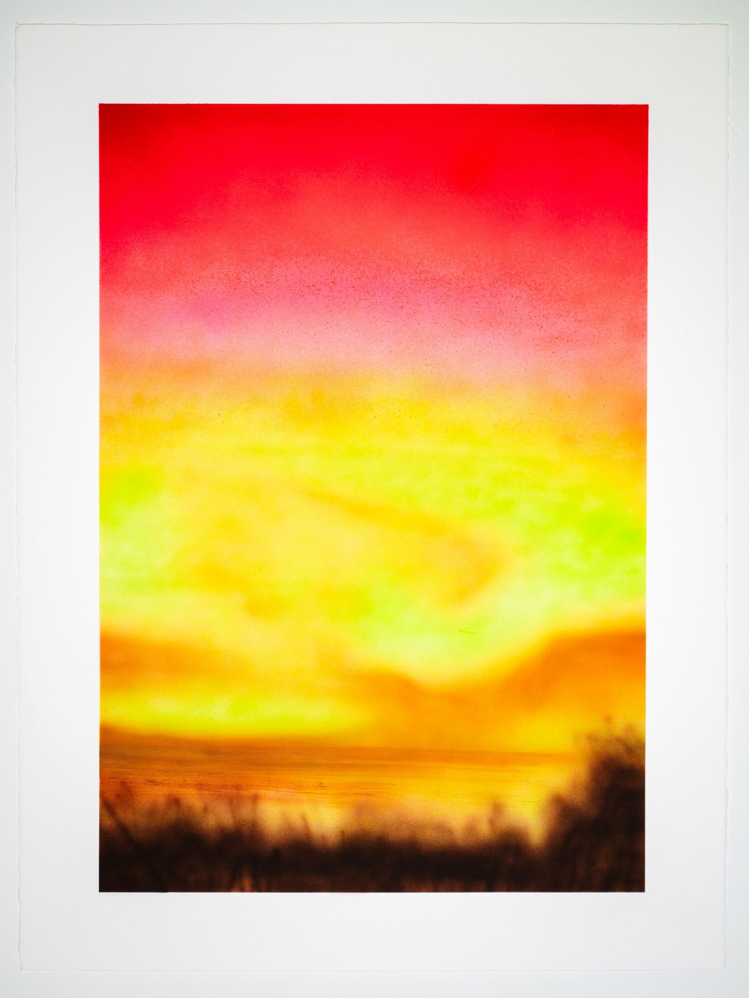 Colorful sunset sky with red, pink, yellow, and orange hues, and dark silhouettes of trees at the bottom.