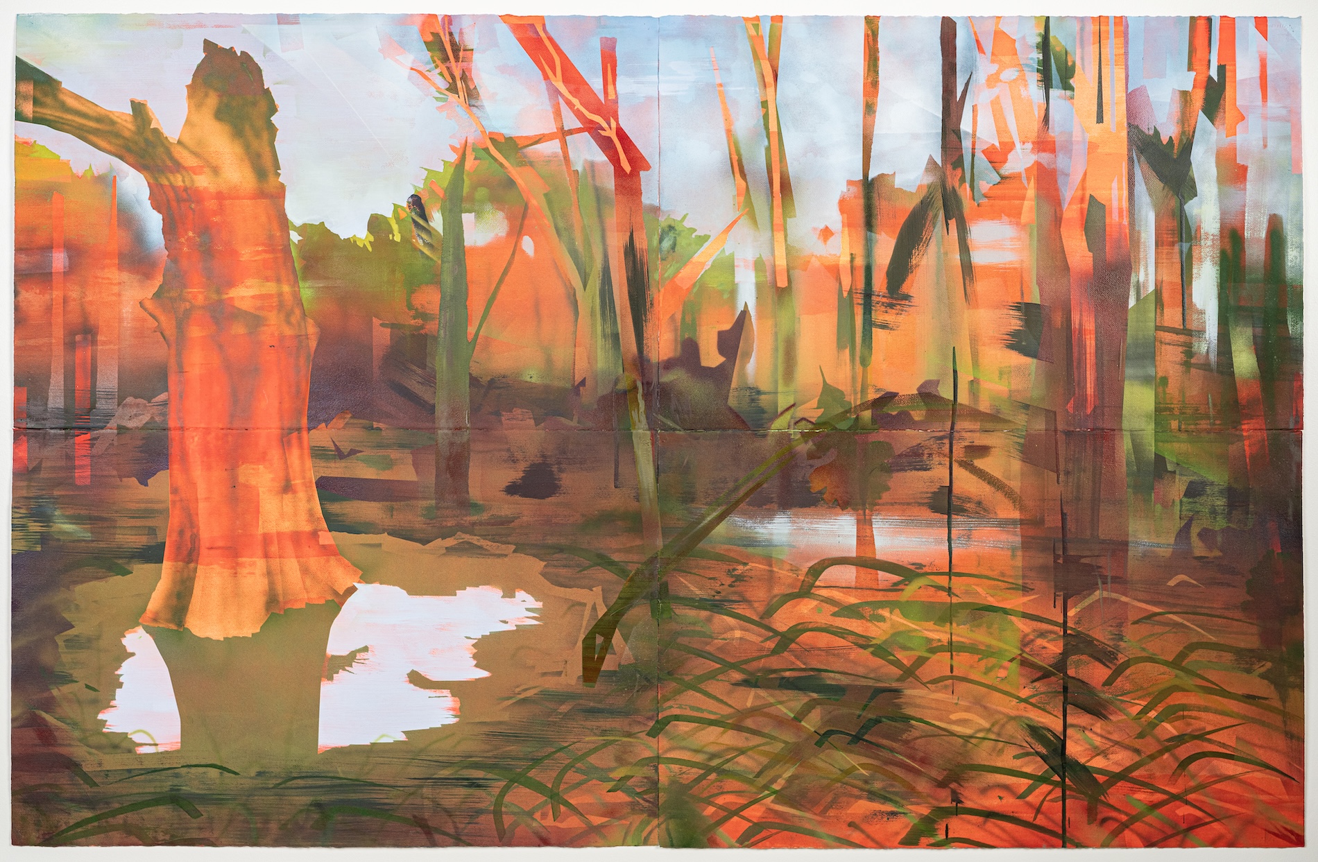 A colorful forest scene with trees, a small pond, and vibrant autumn foliage, painted in an abstract style.