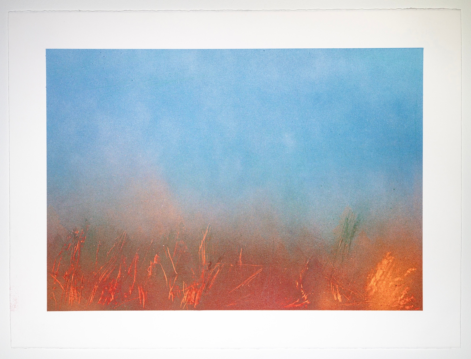 Abstract image with blue sky and orange-red ground, possibly a landscape or fire scene, with a gradient transition.