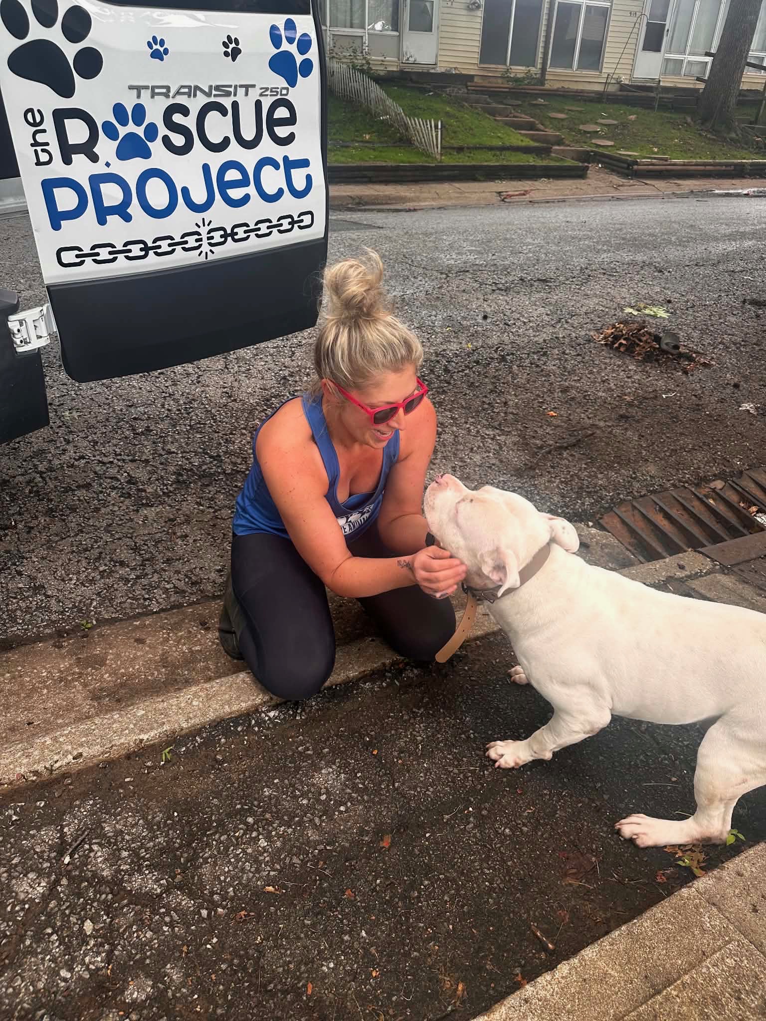Woman crouching and petting a white dog on a street, rescue sign visible in the background.