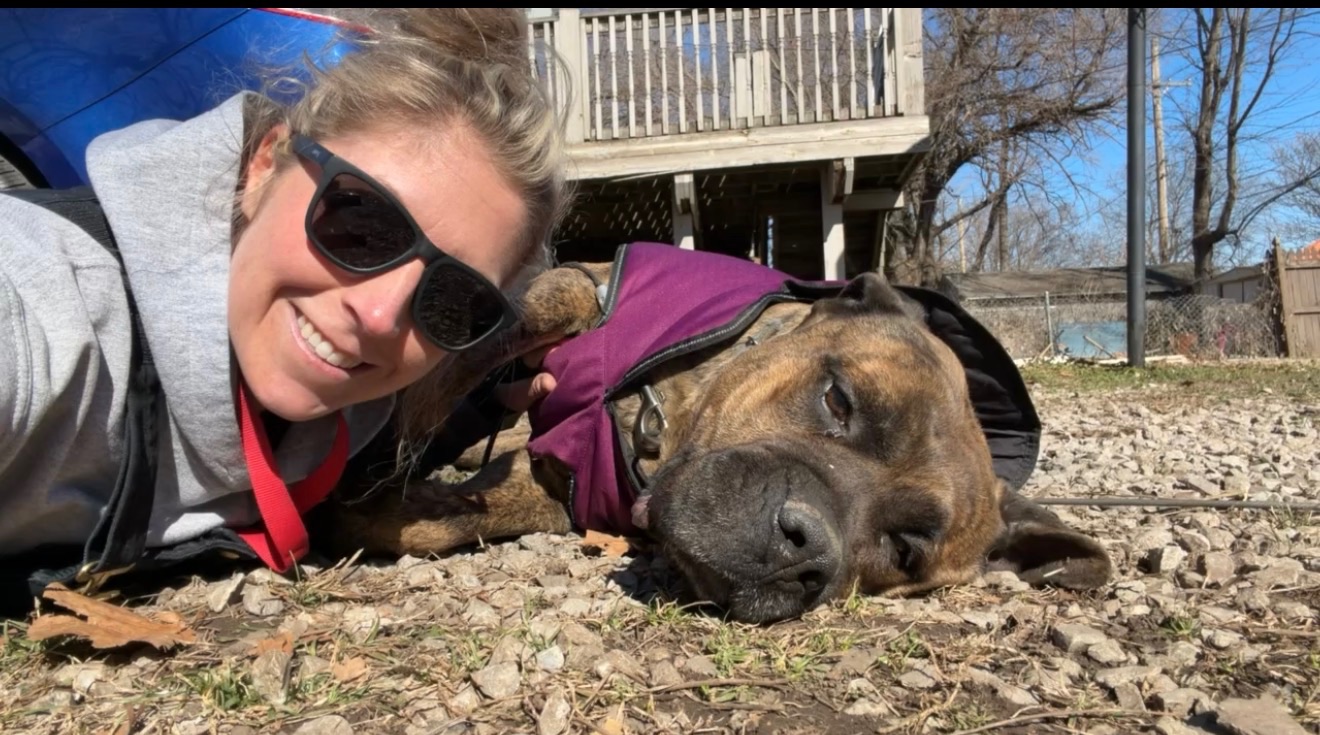 Person lying on ground next to a large dog wearing a purple bandana outdoors, with trees and a building in background.