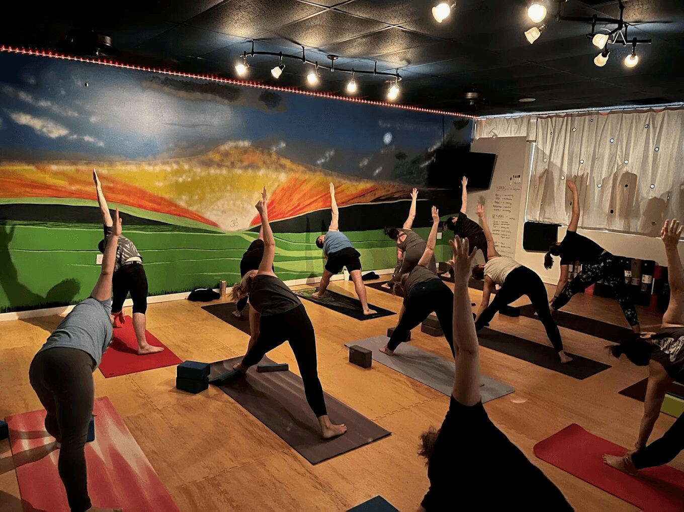 Group of people practicing yoga in a studio with a landscape mural, some with arms raised, on mats.