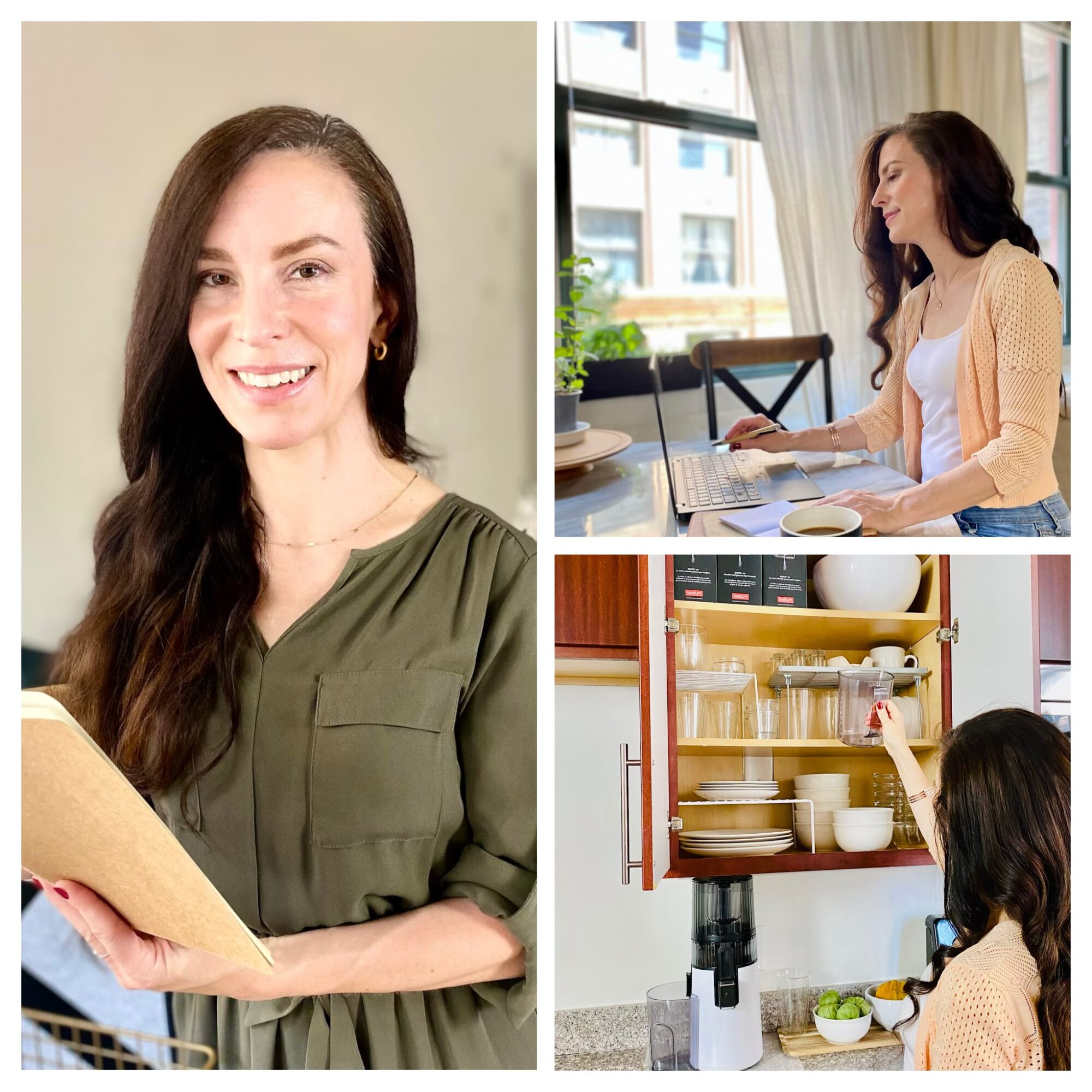 Three women in different settings: one smiling woman holding a clipboard, one working on a laptop, and one reaching for dishes in a kitchen.