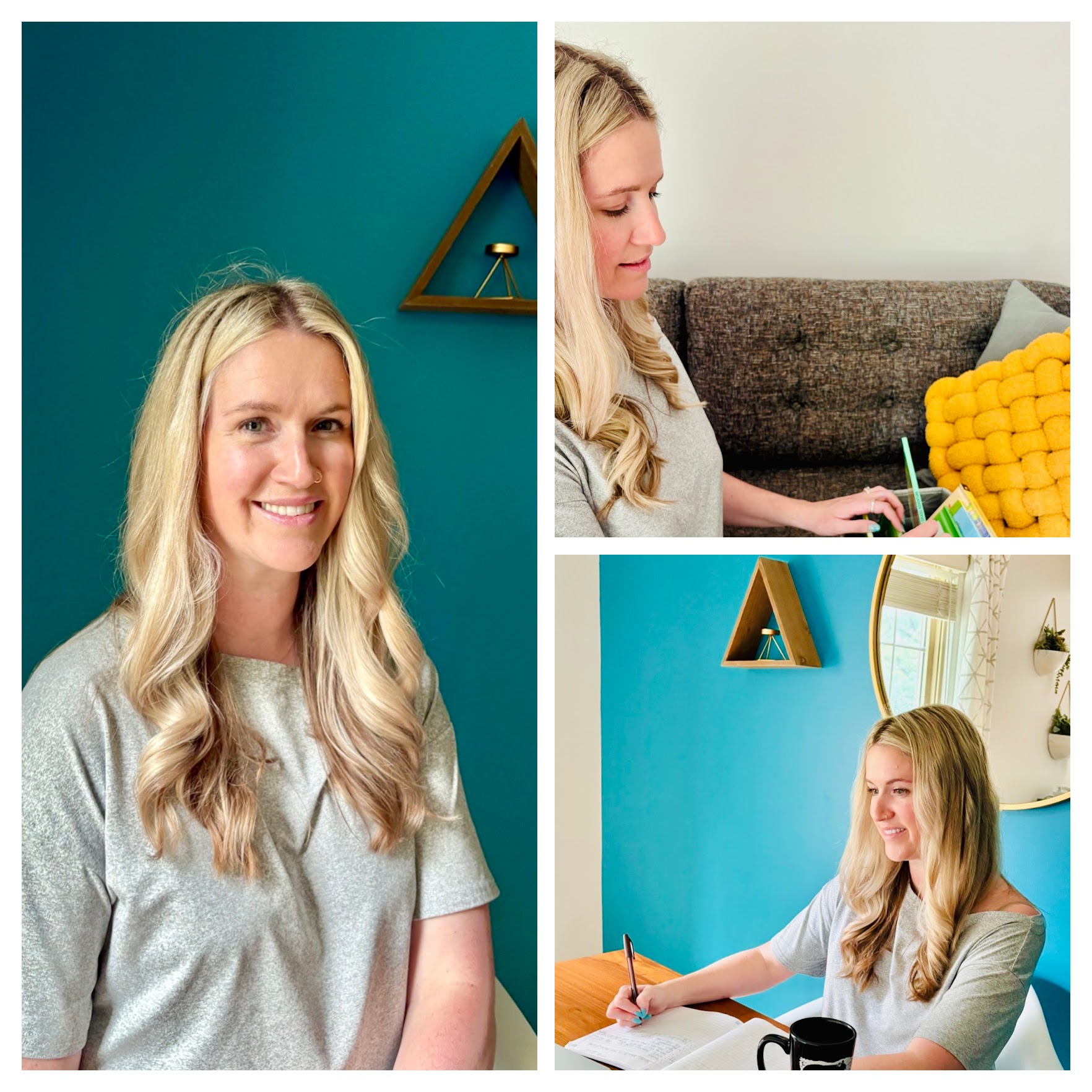 Three images of a woman with long blonde hair, smiling and working at a desk, with a blue wall and a gray sofa in the background.