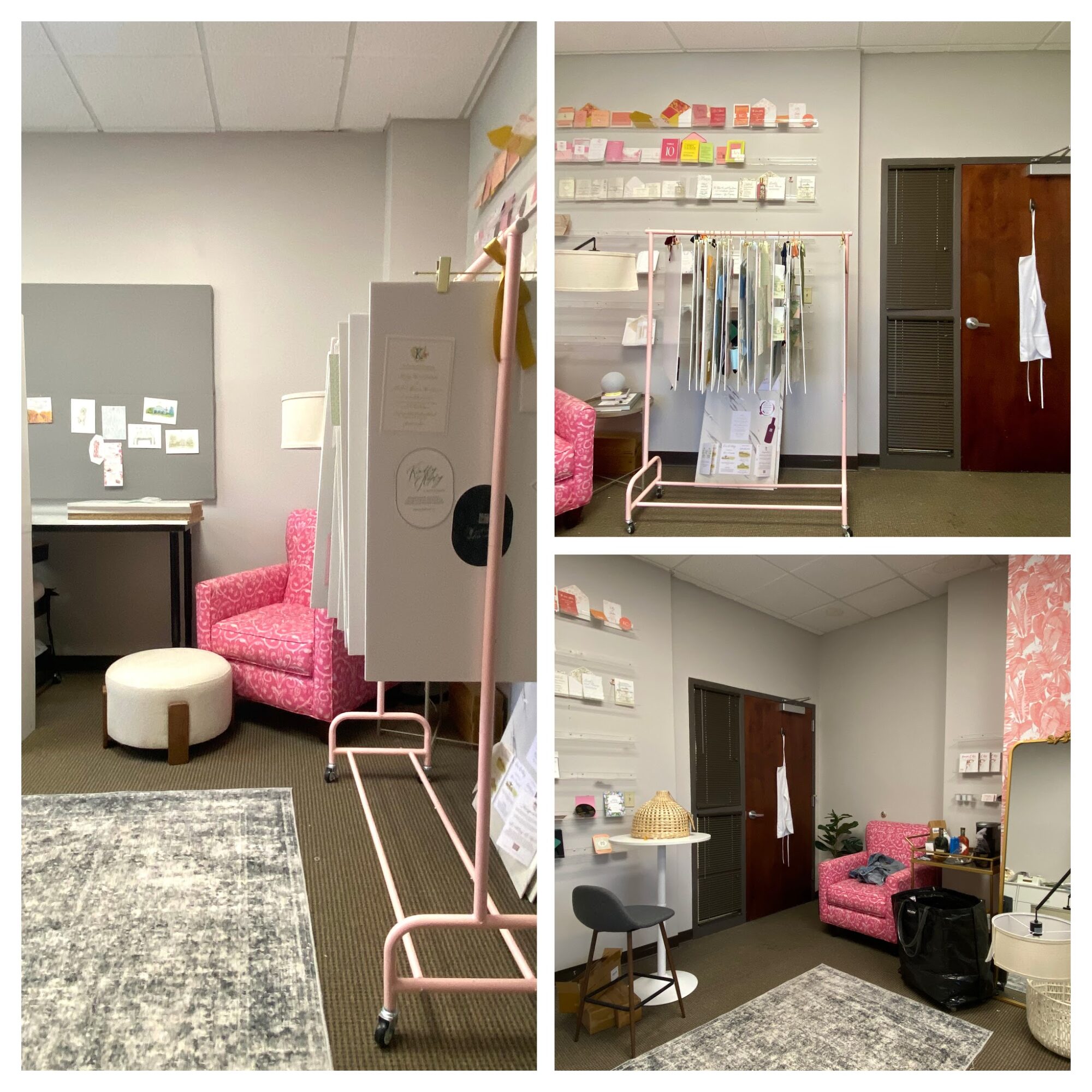 Three views of a room with a pink armchair, white wall, shelves with colorful items, and a door. Contains a small table and a black bag.