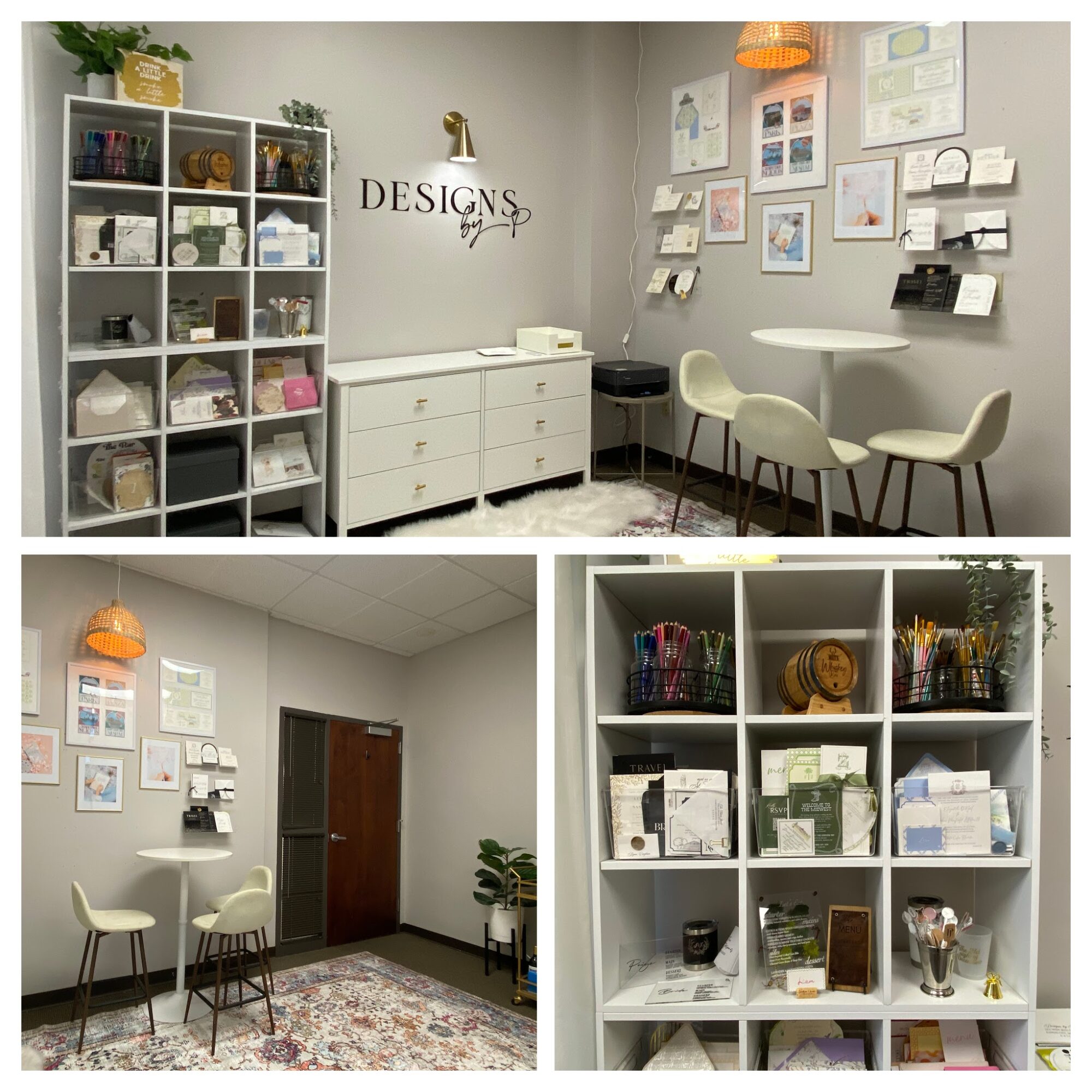Room with shelves, wall art, table, chairs, and decorative items, arranged in a cozy, organized space.