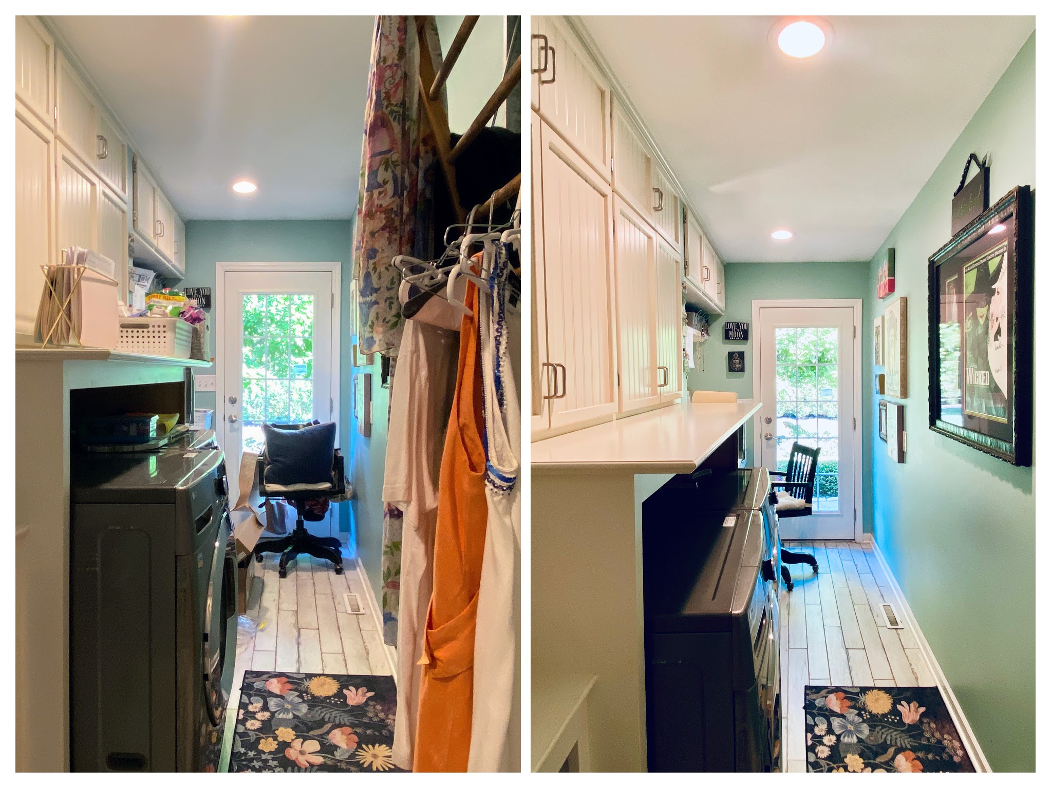 Side-by-side view of a narrow kitchen with white cabinets, a window, and a chair, before and after cleaning or renovation.