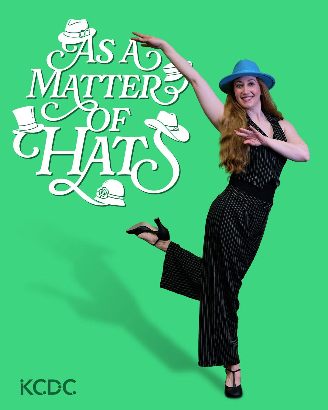 Woman in black striped outfit and blue hat pointing upward, with text 'As a Matter of Hats' and hat illustrations, green background.