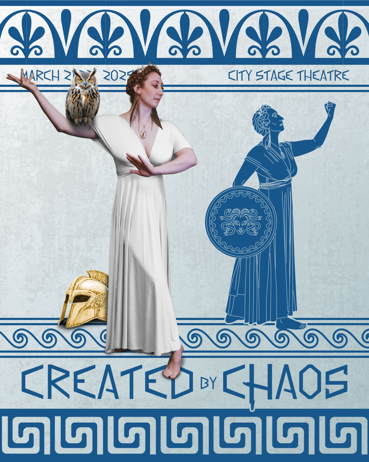 Woman in white dress holding an owl, with a mask and Greek statue silhouette in background, promoting a theatrical production.