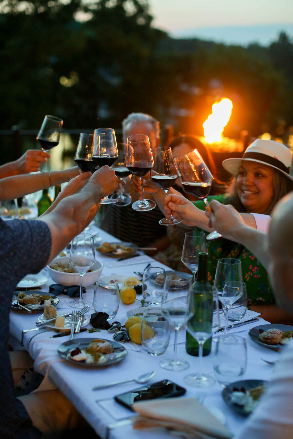 People raising glasses of wine at an outdoor dinner party during sunset, smiling and celebrating.
