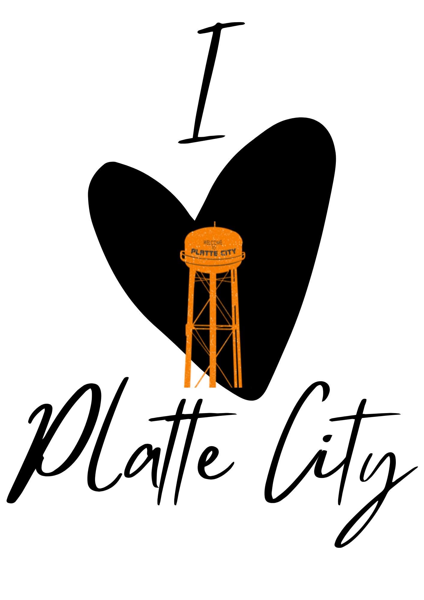 Water tower with heart shape and text reading 'I love Platte City'.