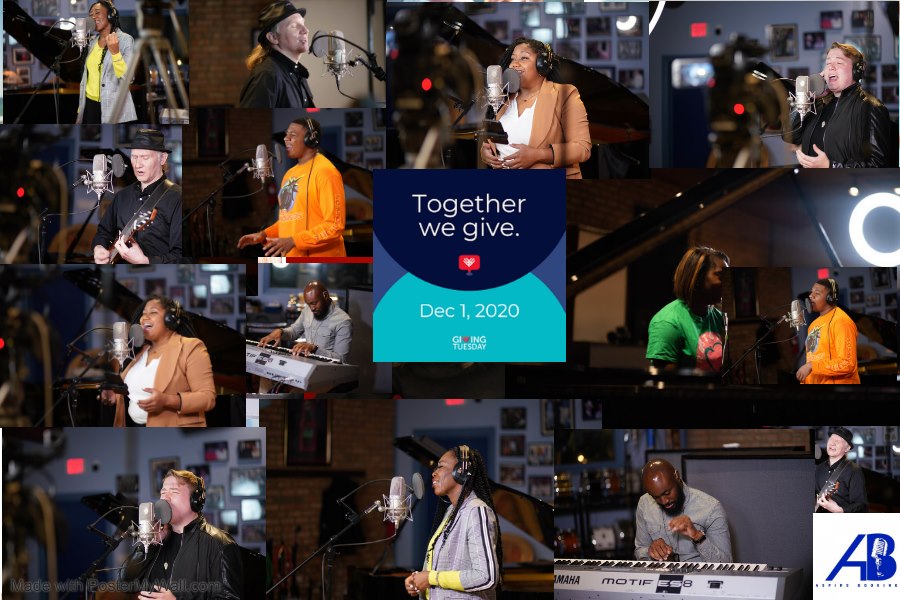 Collage of people speaking, playing instruments, and working at a keyboard during an event, with a central logo and date. Word: 'Together we give.'