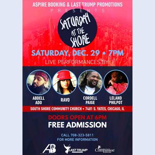 Event poster for Saturday at the Shore, December 29, 7 PM, featuring live performances by four artists, free admission, Chicago location.
