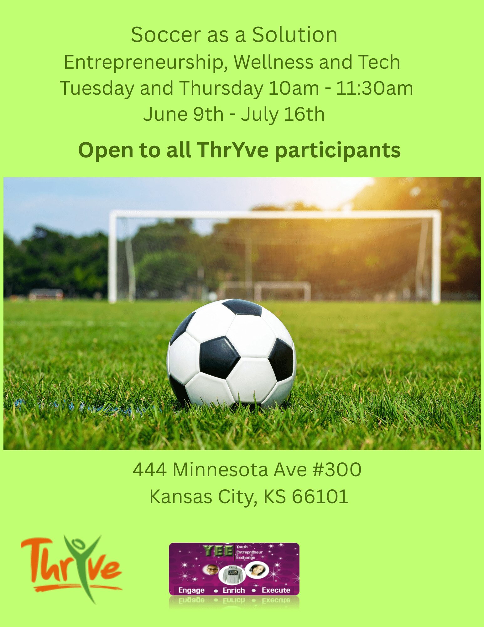 Soccer ball on grass field with goalpost in background, event details and address on green background, and Thryve logo at bottom left.