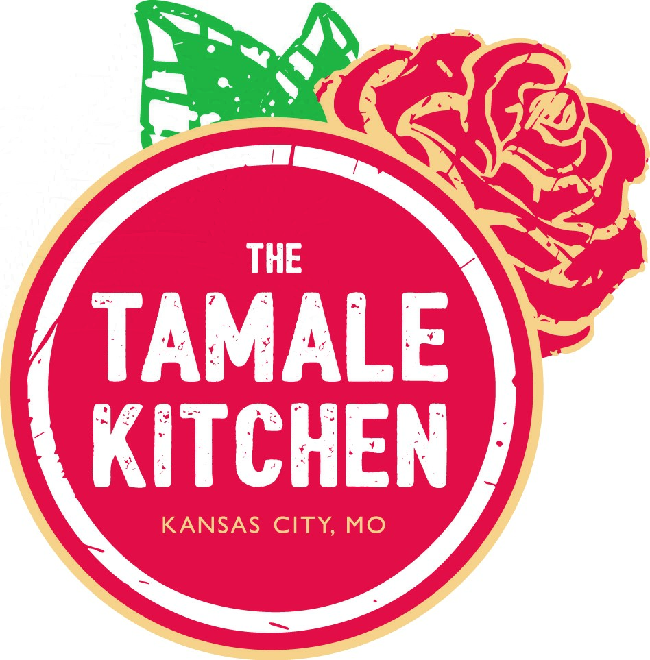 Logo with a red circle, white text, a rose, and a green leaf, reading 'The Tamale Kitchen, Kansas City, MO'.