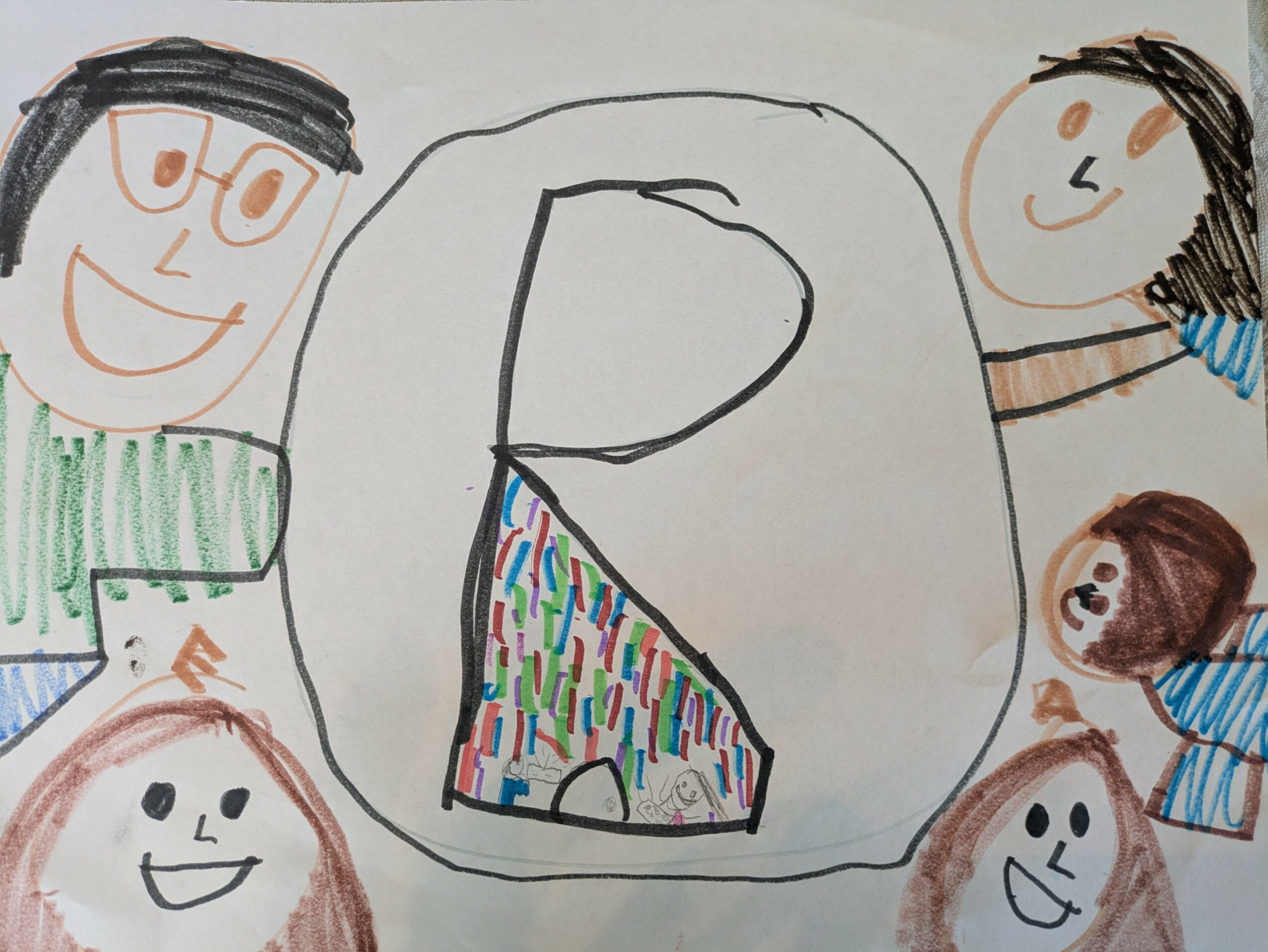 Drawing of four smiling people around a large letter P with colorful patterns inside a circle.