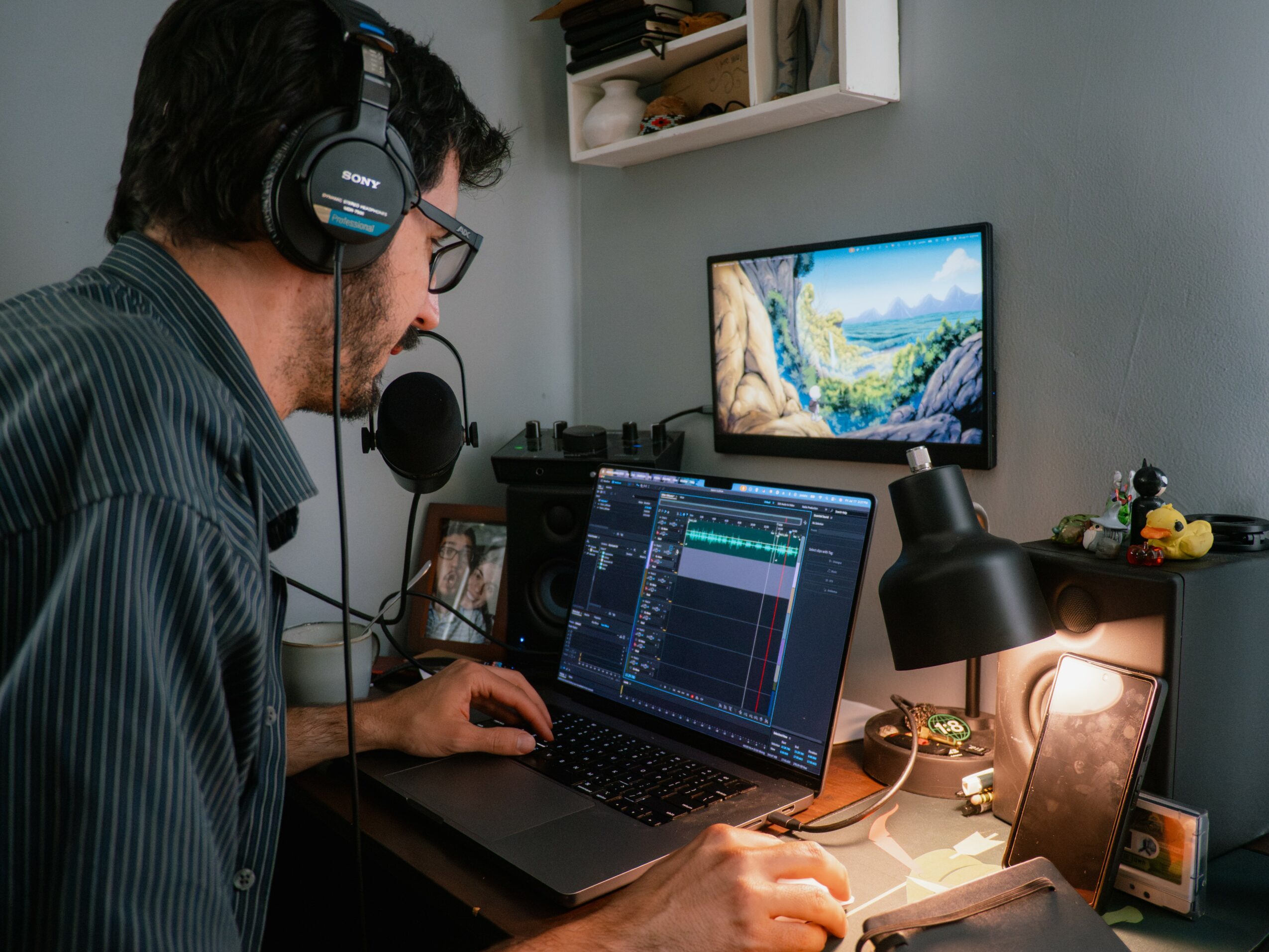 Person with headphones working on a laptop at a desk with a monitor, lamp, and decorative items in a room.