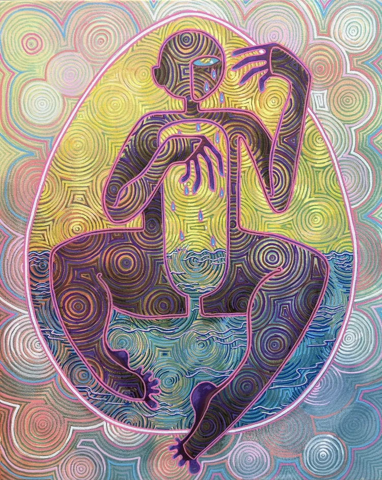 Abstract figure with a glass, surrounded by colorful swirling patterns, sitting cross-legged inside an oval shape.