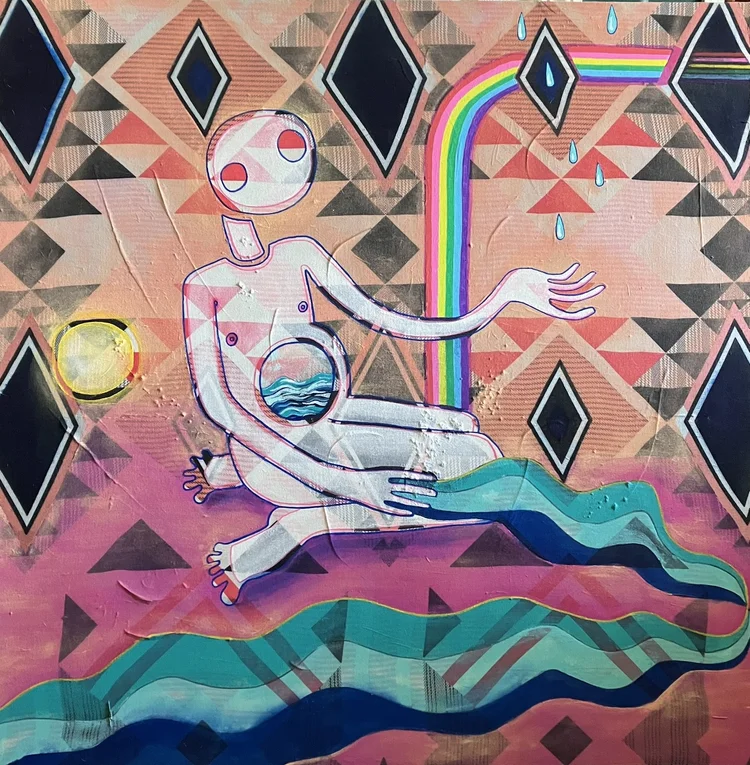 A stylized figure with a transparent body, sitting on a colorful, wavy surface, with geometric background and rainbow elements.