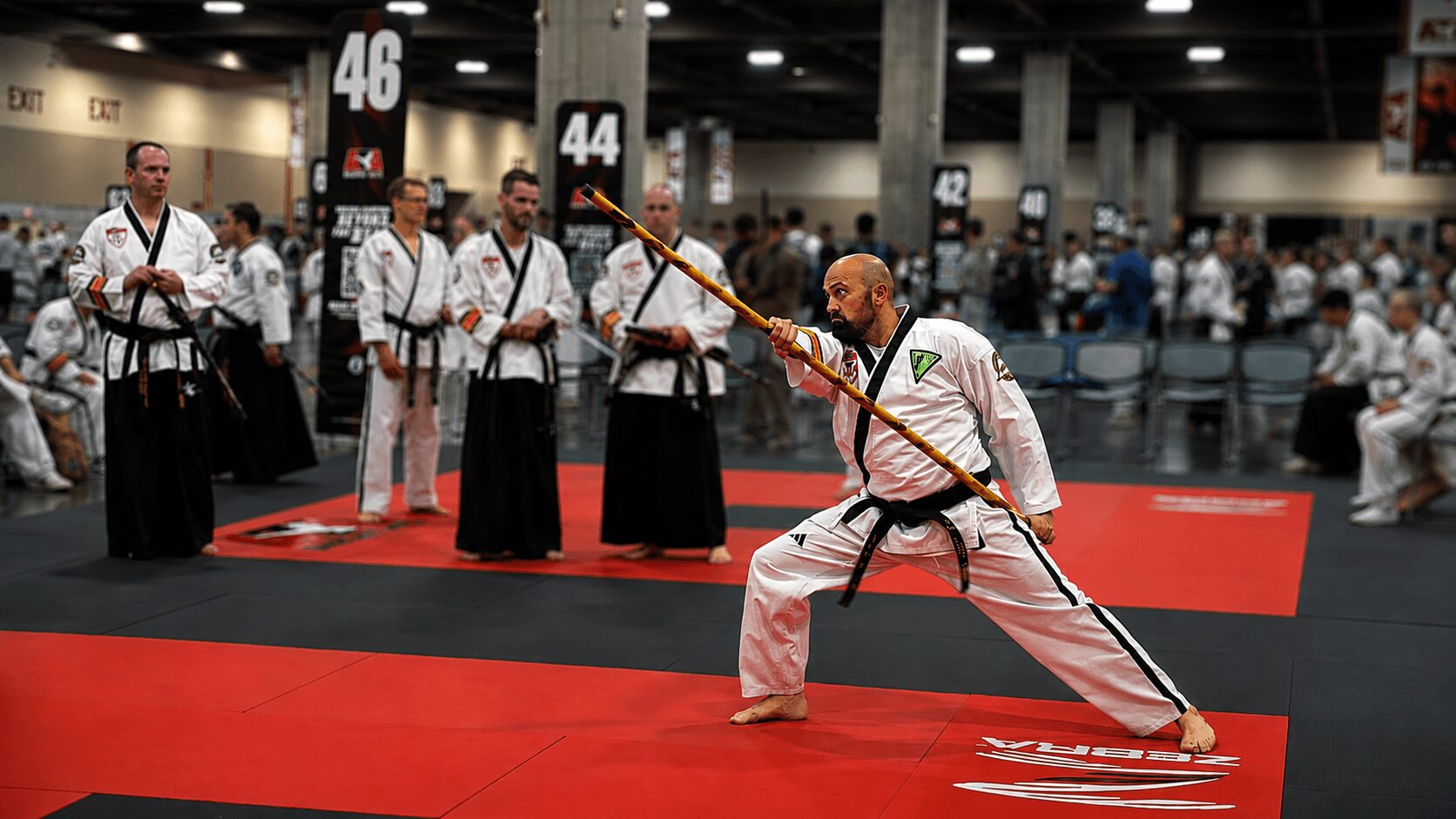 Martial artist practicing with a staff on red and black mats, surrounded by other practitioners in a large indoor gym.