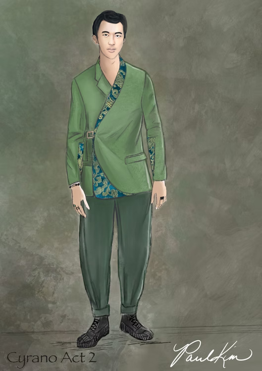A digital illustration of a man in a green jacket, dark pants, and black shoes, standing against a plain background.