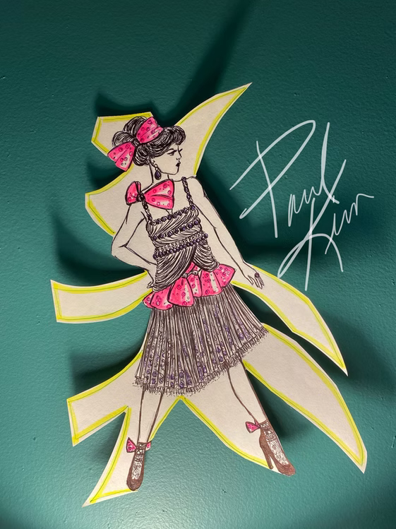 Illustration of a woman in fashionable clothing with a large yellow star behind her, signature on the right.