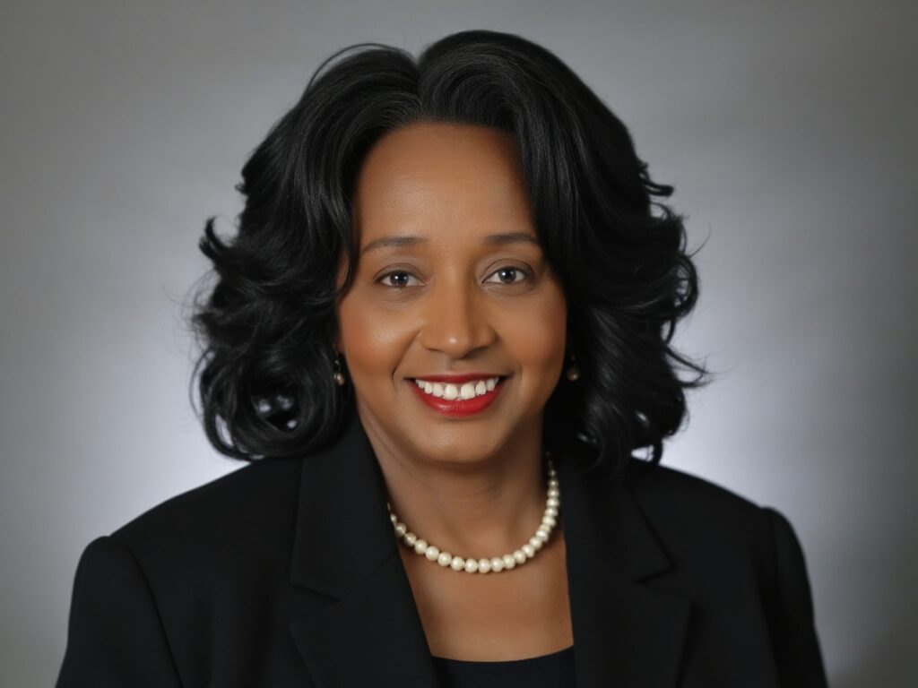 Portrait of a woman with shoulder-length black hair, wearing a black blazer and pearl necklace, smiling against a gray background.
