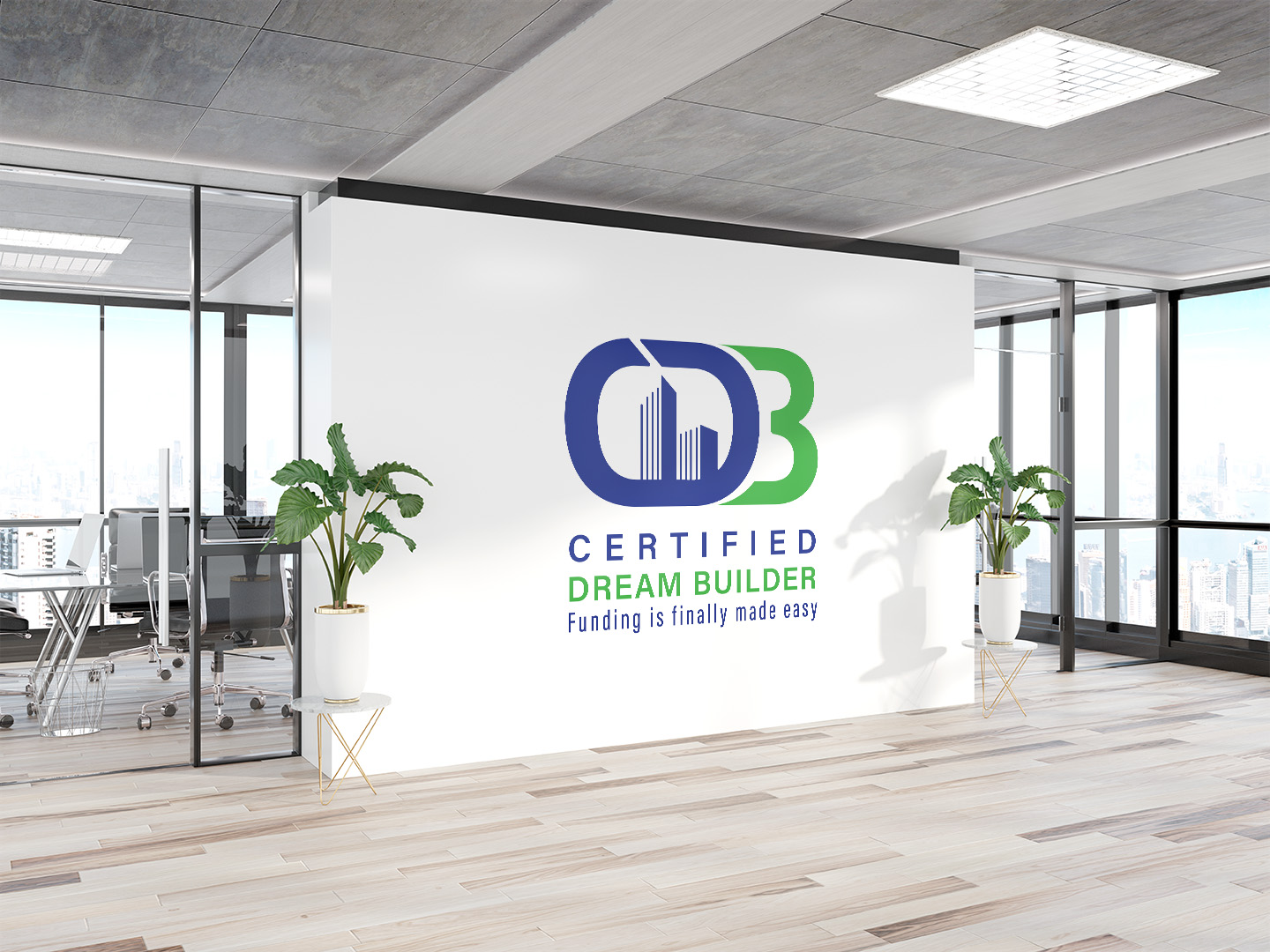 Office space with large windows, a white wall with a logo, and potted plants, bright and modern interior.