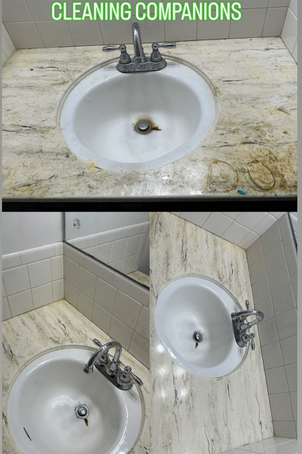 Three images of a bathroom sink and surrounding area, showing a marble countertop, faucet, and tiled walls, with text 'Cleaning Companions' at the top.