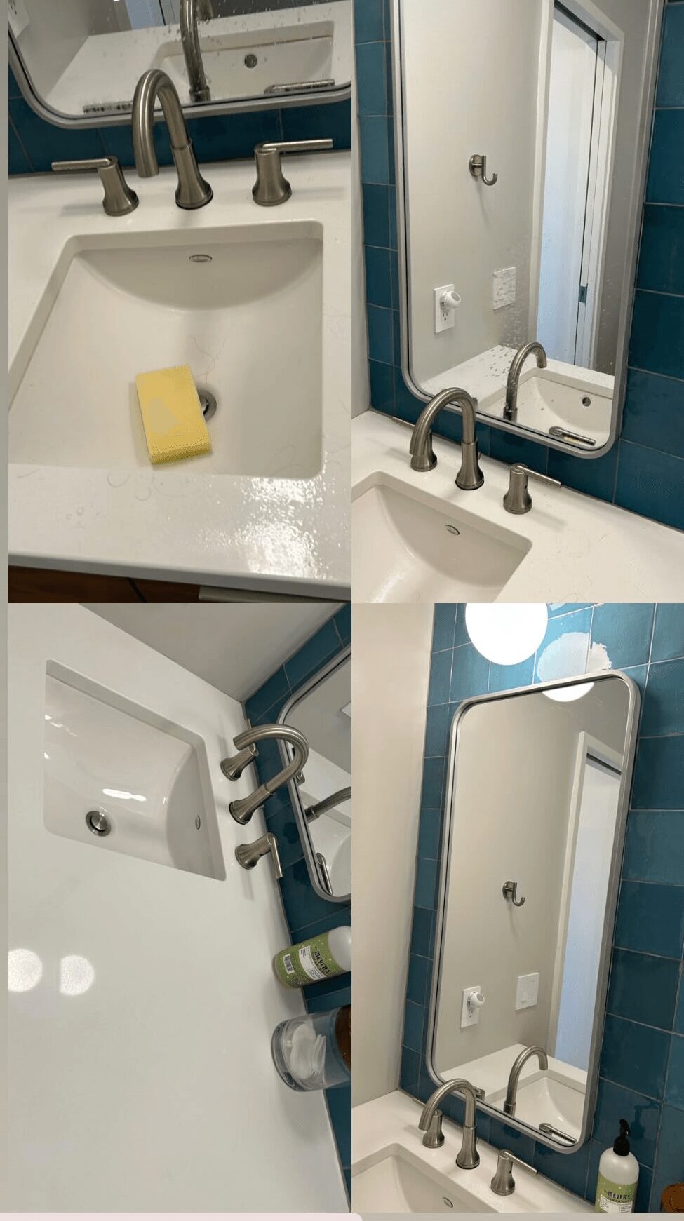 Four bathroom mirrors and sinks with faucets, soap dispensers, and a sponge, viewed from different angles.