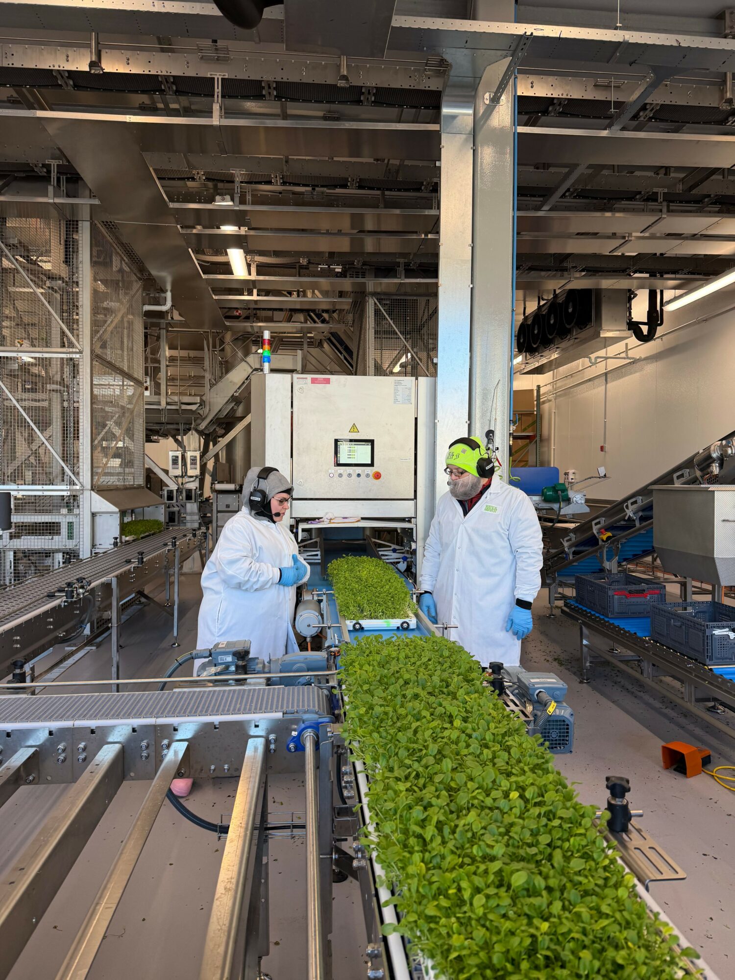 Two workers in white coats and protective gear operate machinery in an industrial setting with green plants nearby.