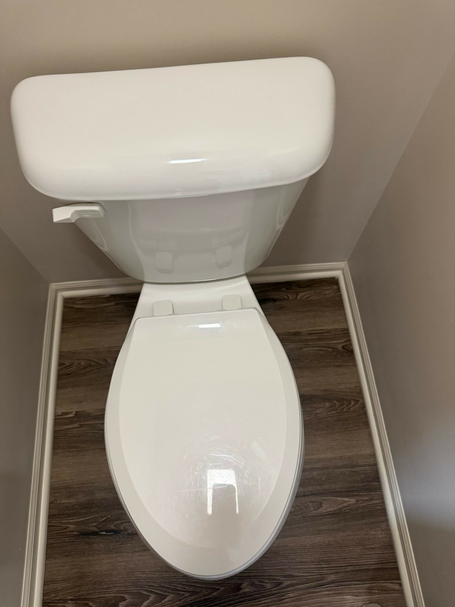 Toilet with a white tank and seat, positioned against a wall on a dark wood floor.