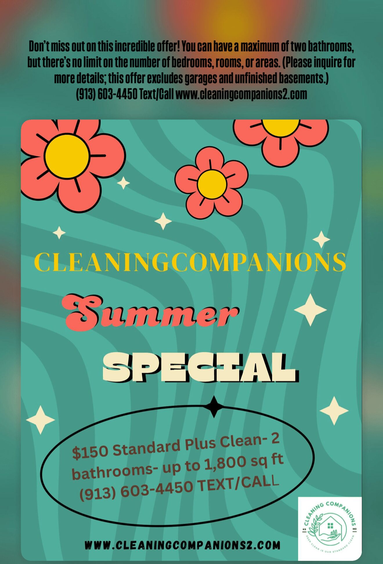Advertisement for cleaning services with colorful flowers, text about summer special, pricing, and contact information.