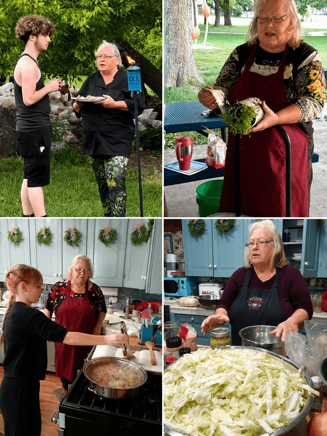 Four women and a girl outdoors and in a kitchen, preparing food and serving drinks, with greenery and kitchen cabinets visible.