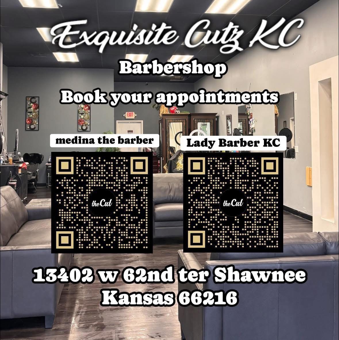 Sign for a barbershop named Exquisite Cutz KC with QR codes and address in Shawnee, Kansas.