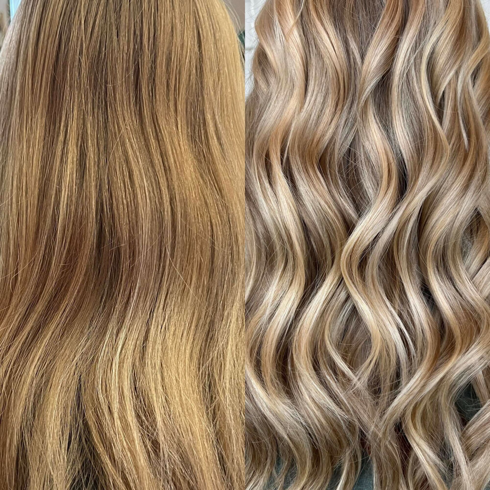 Comparison of two hair styles: straight, light brown on the left; wavy, blonde on the right.