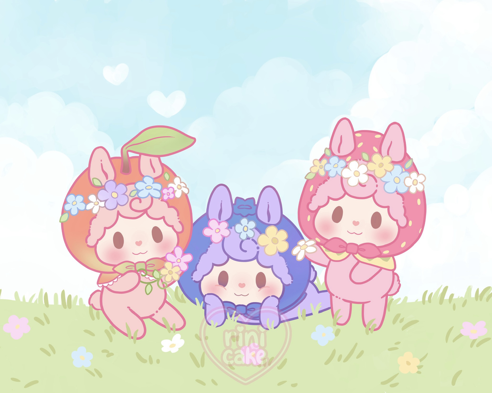 Three cute animal characters with flower crowns sitting on grass under a sky with clouds and hearts, holding flowers.
