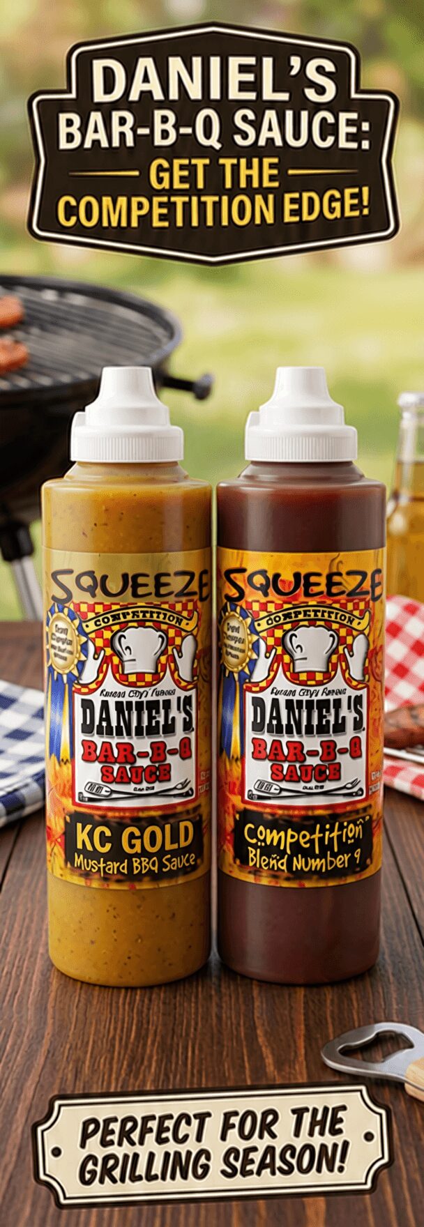 Two bottles of Daniel's barbecue sauce on a table with a sign above promoting competition edge, outdoors setting.