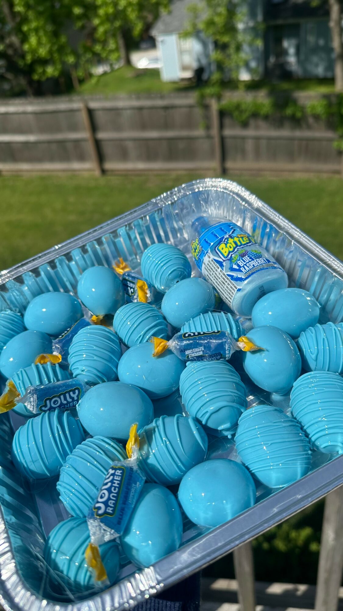 Tray filled with blue candies and chocolate eggs outdoors, with a wooden fence and trees in the background.