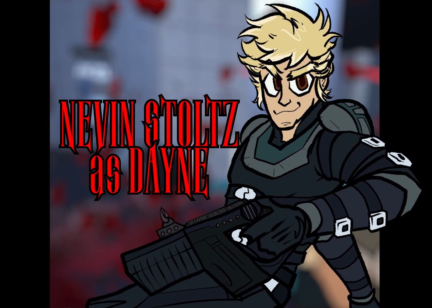 Animated character with blonde hair in tactical gear holding a gun, with red text in a stylized font, background blurred.
