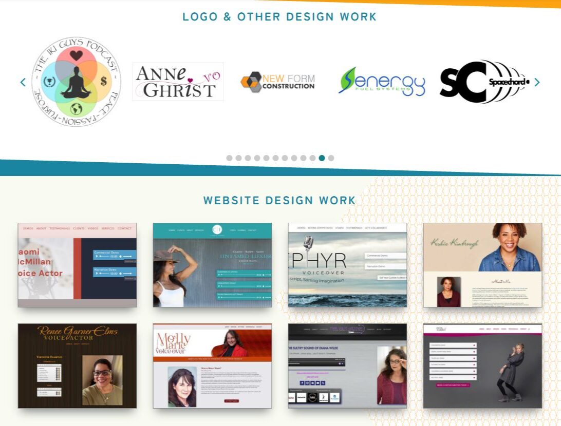 Collection of design work including logos, website designs, and a person in a blue shirt smiling.
