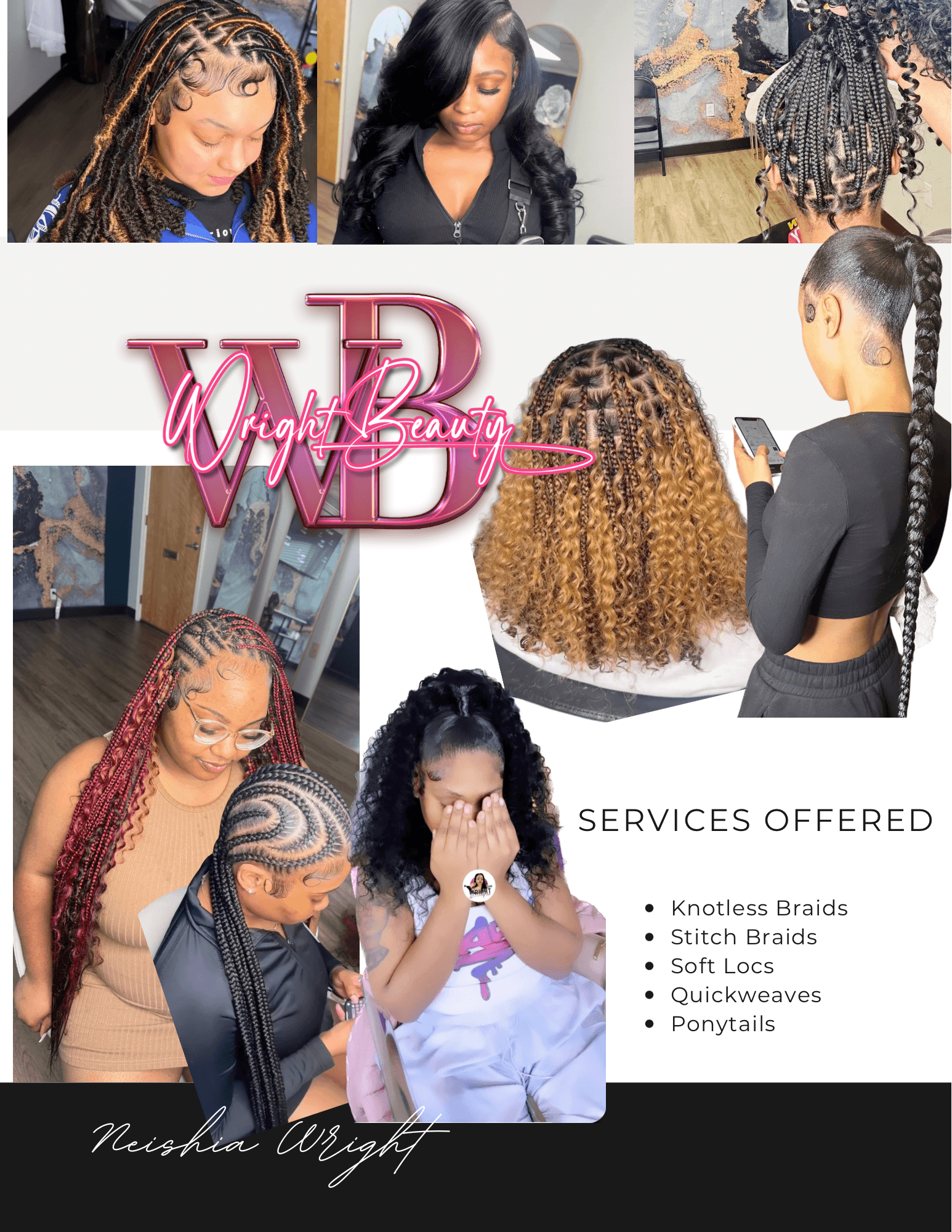 Collage of women with various braided hairstyles, including dreadlocks and crochet styles, with text about hair services offered.